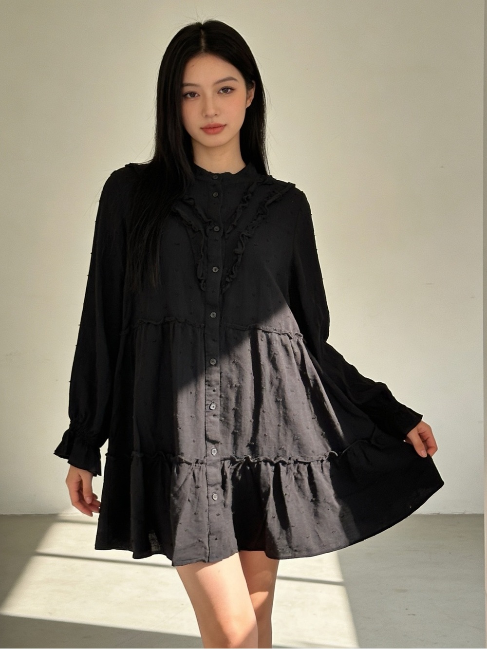 Zara Black Swiss Dot Tiered Babydoll Mini Dress XS
